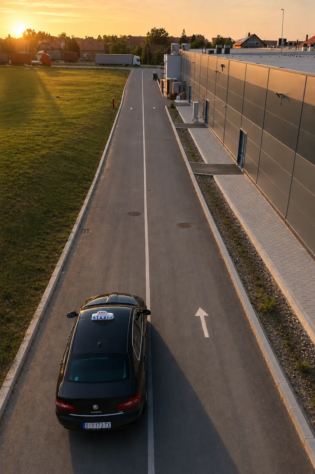 Taxi vozilo na putu pri zalasku sunca kod Šida