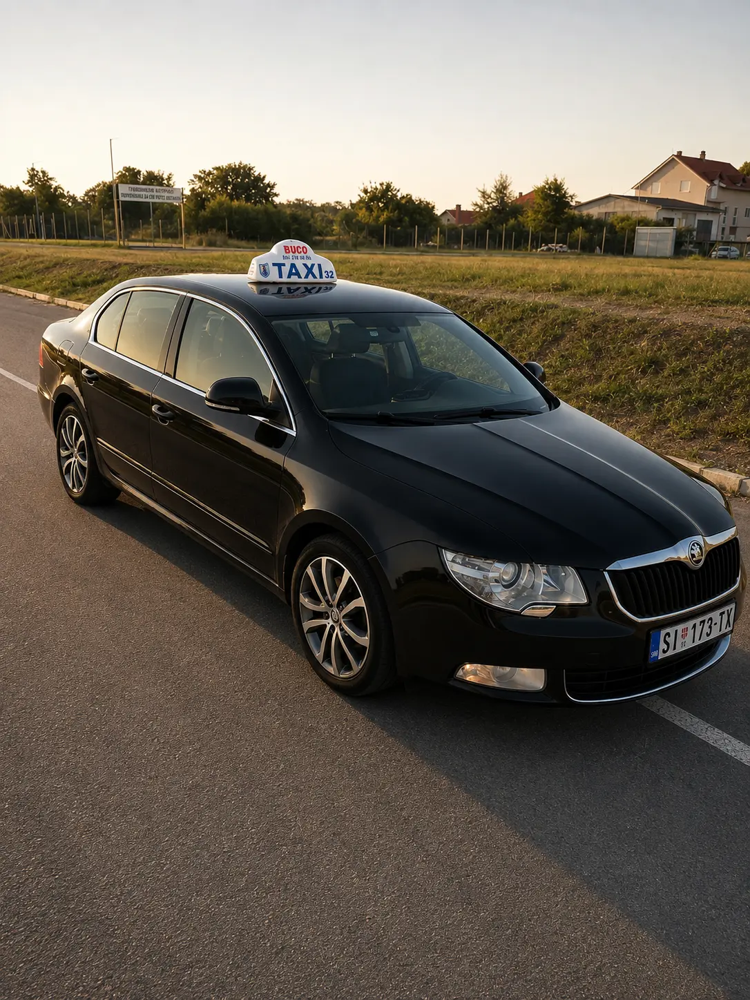 Taxi Šid Buco, bočni profil Škode Superb na prilazu Šidu